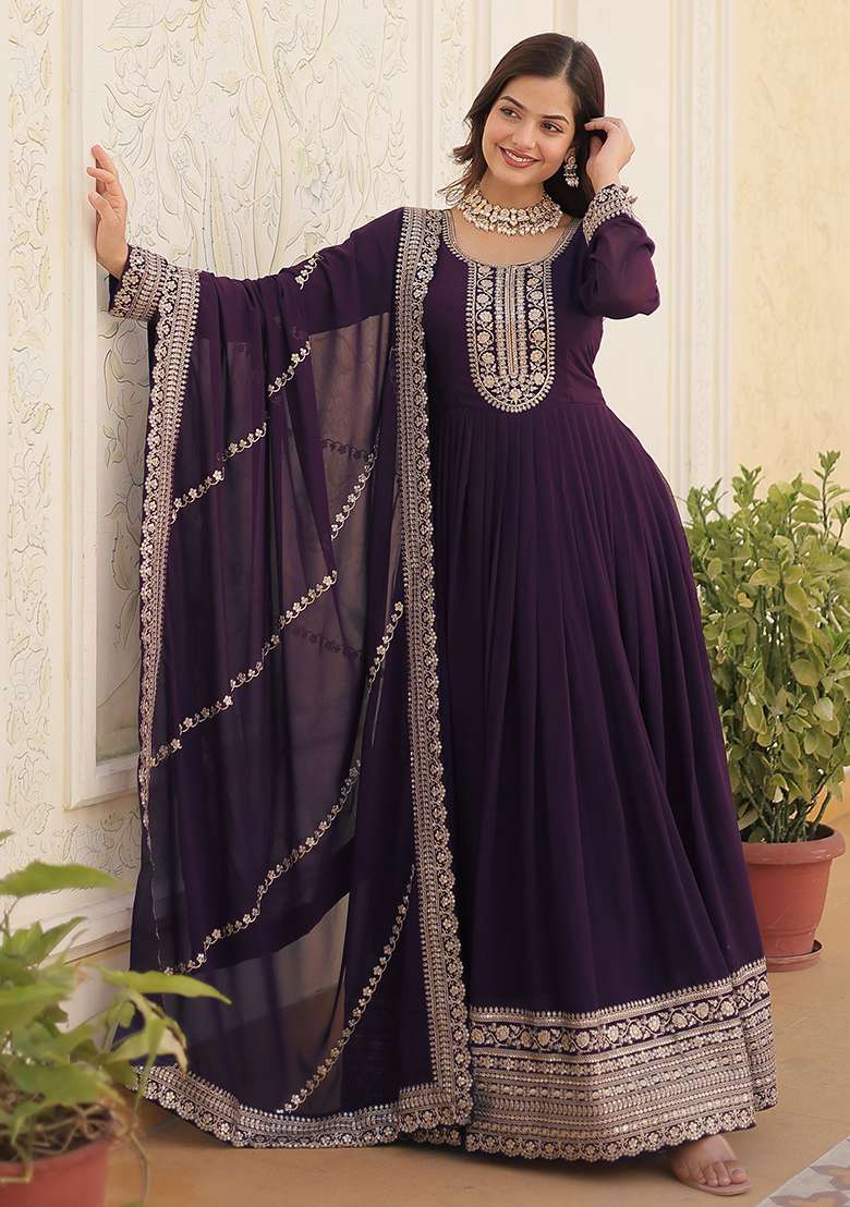 Purple Sequin Embroidered Georgette Anarkali With Dupatta - Indya