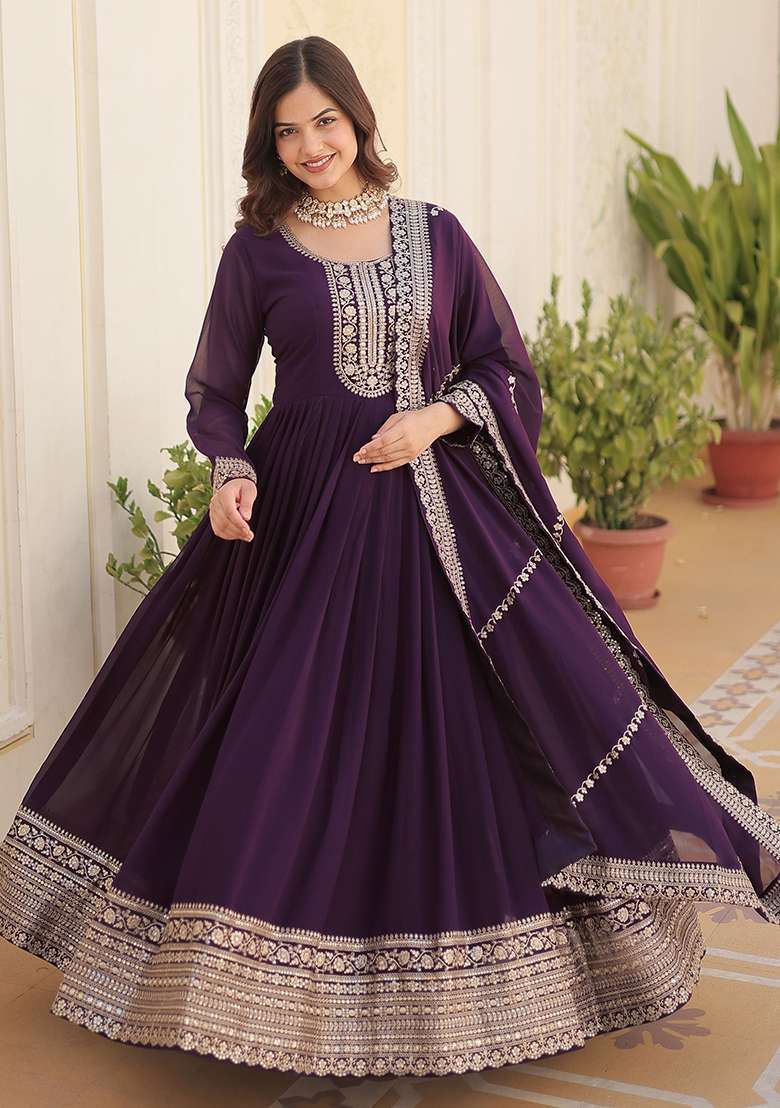 Purple Sequin Embroidered Georgette Anarkali With Dupatta - Indya