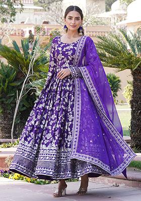 Purple Embroidered Jacquard Anarkali Set