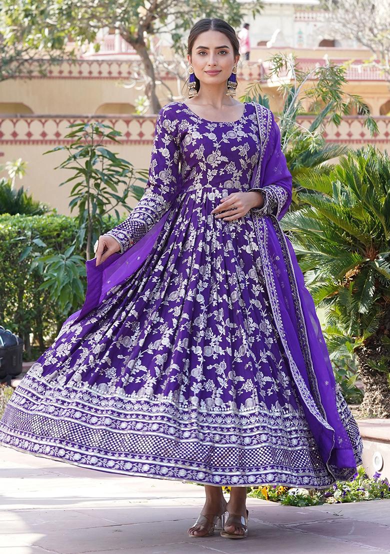 Purple Embroidered Jacquard Anarkali Set