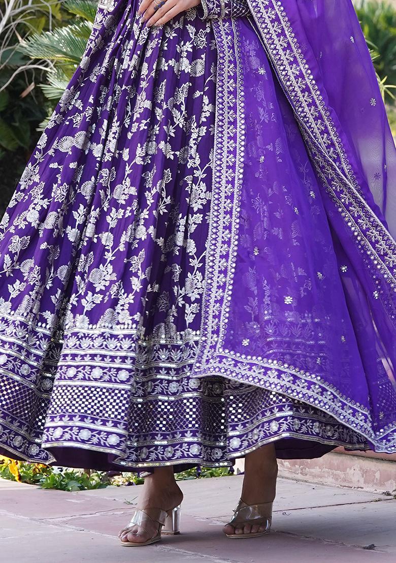 Purple Embroidered Jacquard Anarkali Set