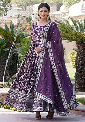 Purple Embroidered Jacquard Anarkali Set