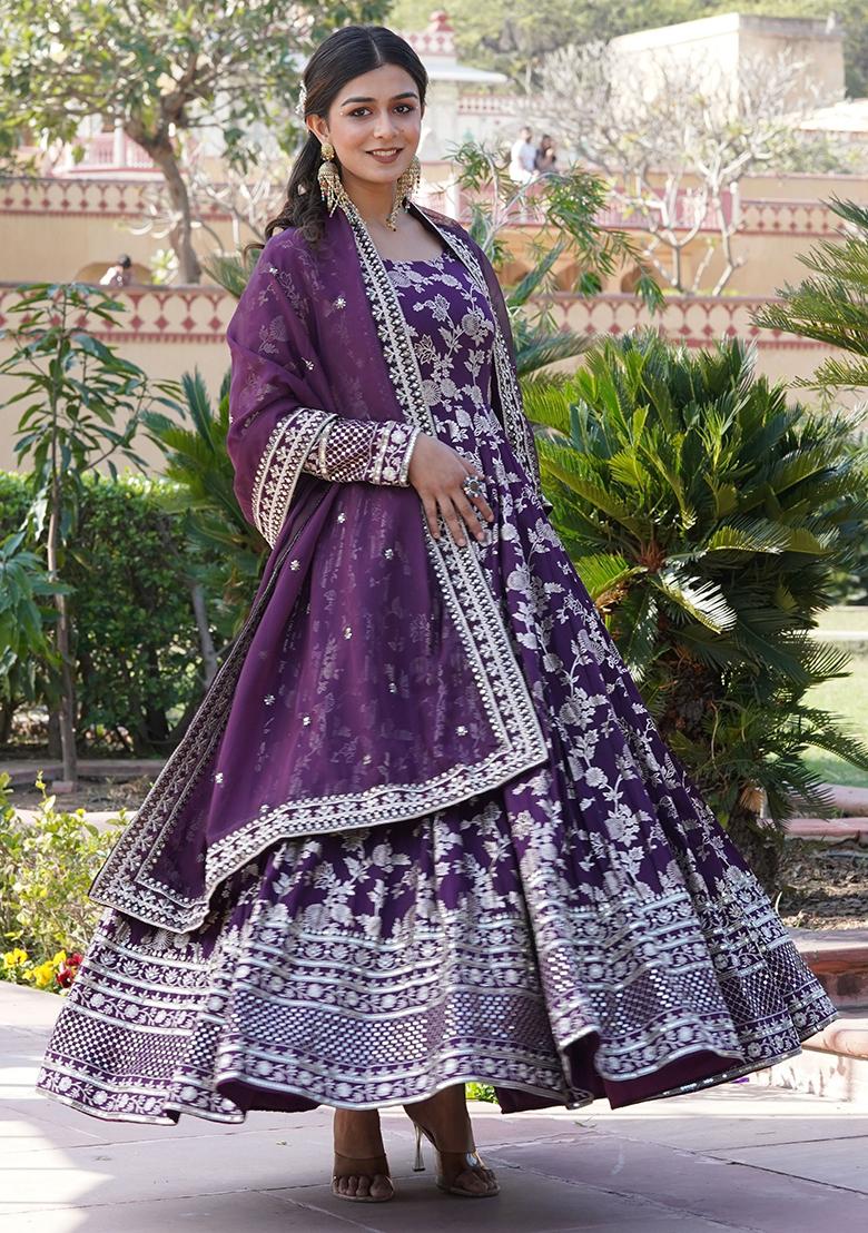 Purple Embroidered Jacquard Anarkali Set