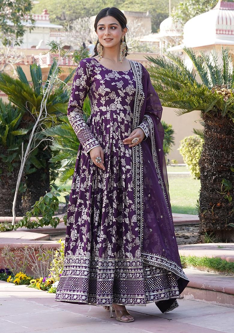 Purple Embroidered Jacquard Anarkali Set