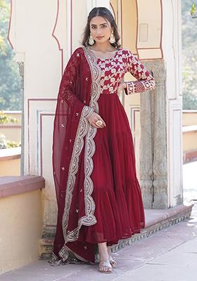 Maroon Embroidered Jacquard Anarkali Set