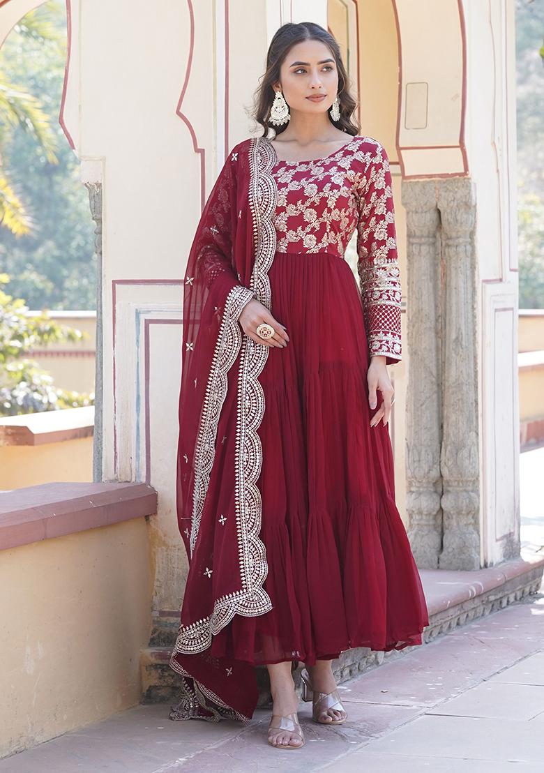 Maroon Embroidered Jacquard Anarkali Set