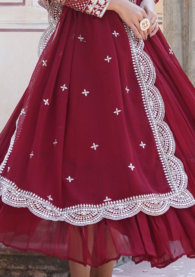 Maroon Embroidered Jacquard Anarkali Set