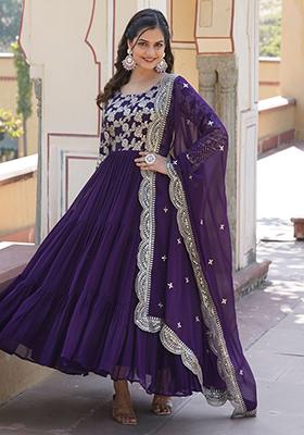 Purple Embroidered Jacquard Anarkali Set