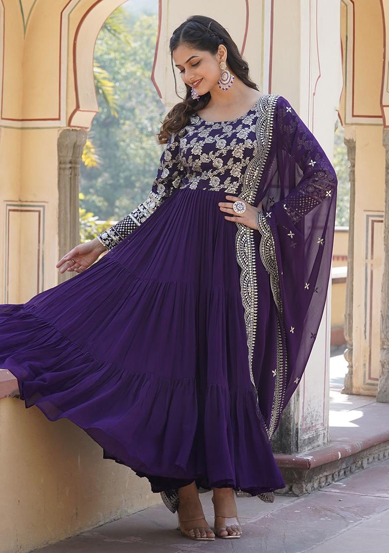 Purple Embroidered Jacquard Anarkali Set