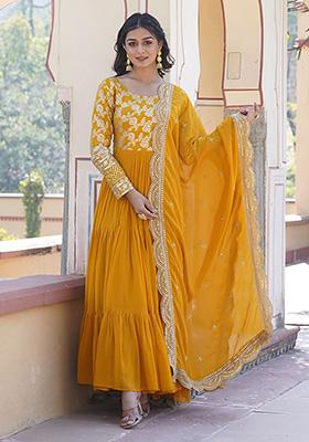 Yellow Embroidered Jacquard Anarkali Set
