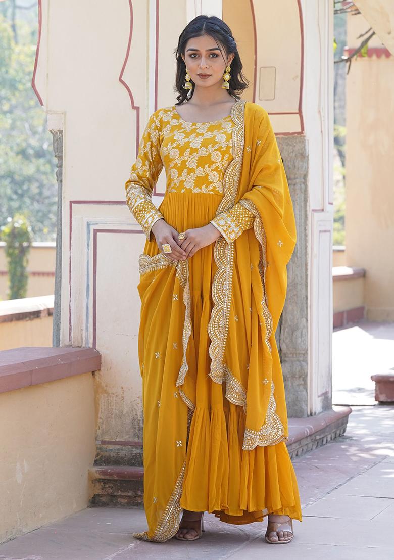 Yellow Embroidered Jacquard Anarkali Set