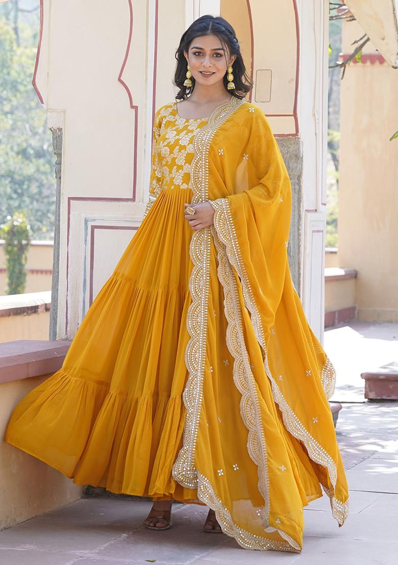 Yellow Embroidered Jacquard Anarkali Set