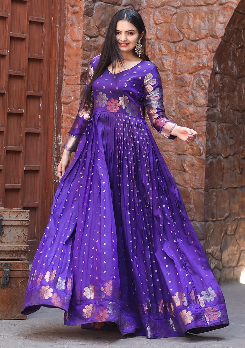 Purple Zari Weaving Banarasi Silk  Anarkali Set