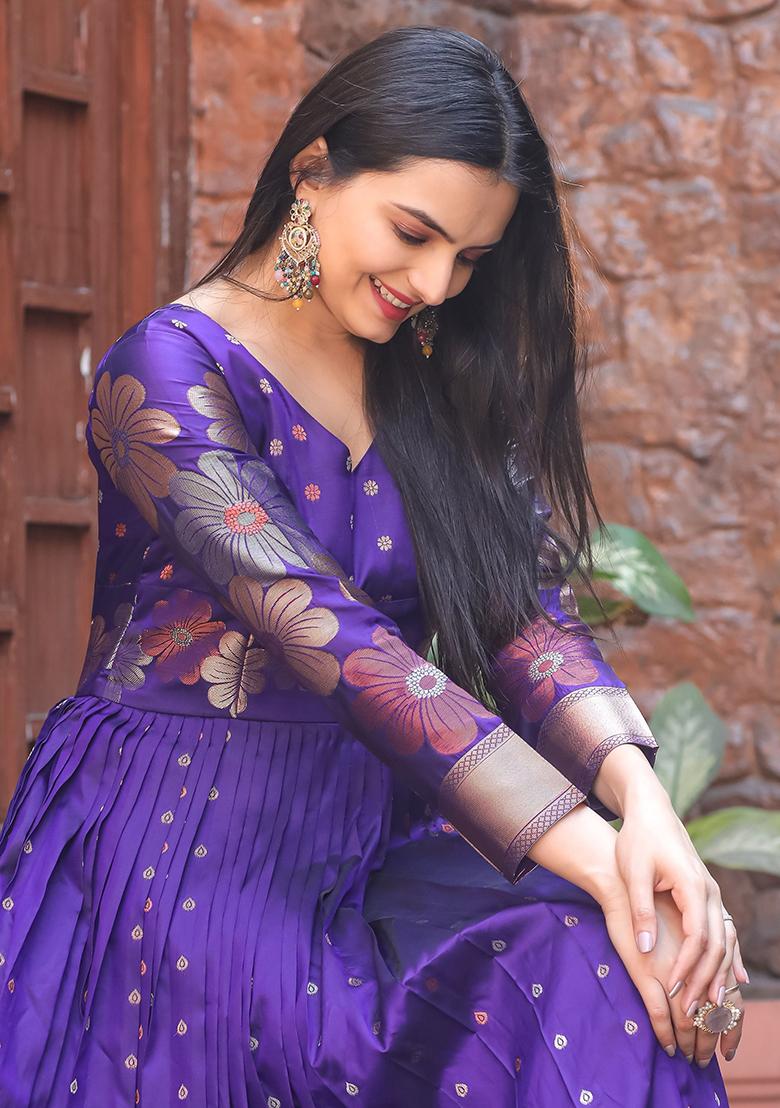 Purple Zari Weaving Banarasi Silk  Anarkali Set