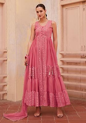 Pink Embroidered Georgette Kurta Set