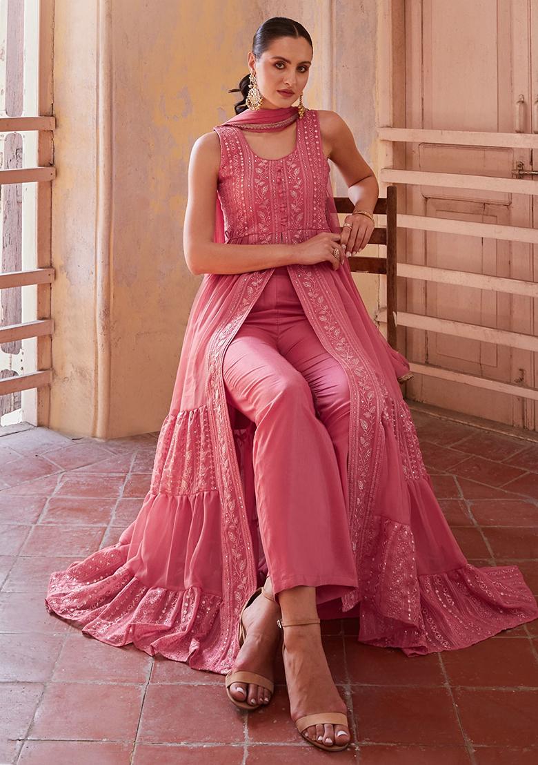 Pink Embroidered Georgette Kurta Set