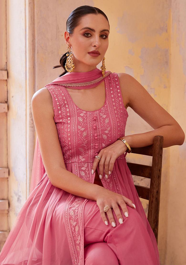 Pink Embroidered Georgette Kurta Set