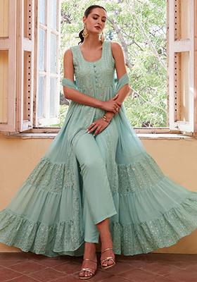 Sky Blue Embroidered Georgette Kurta Set