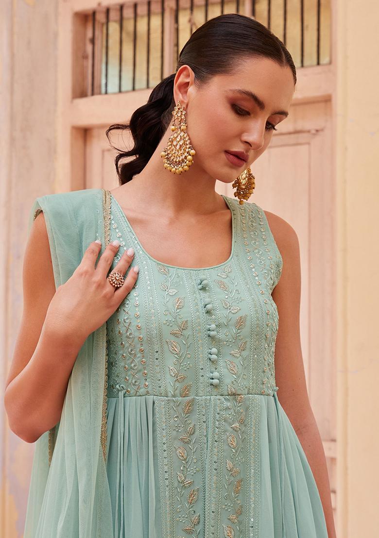 Sky Blue Embroidered Georgette Kurta Set