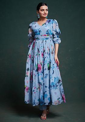 Sky Blue Floral Print Organza Kurta Set