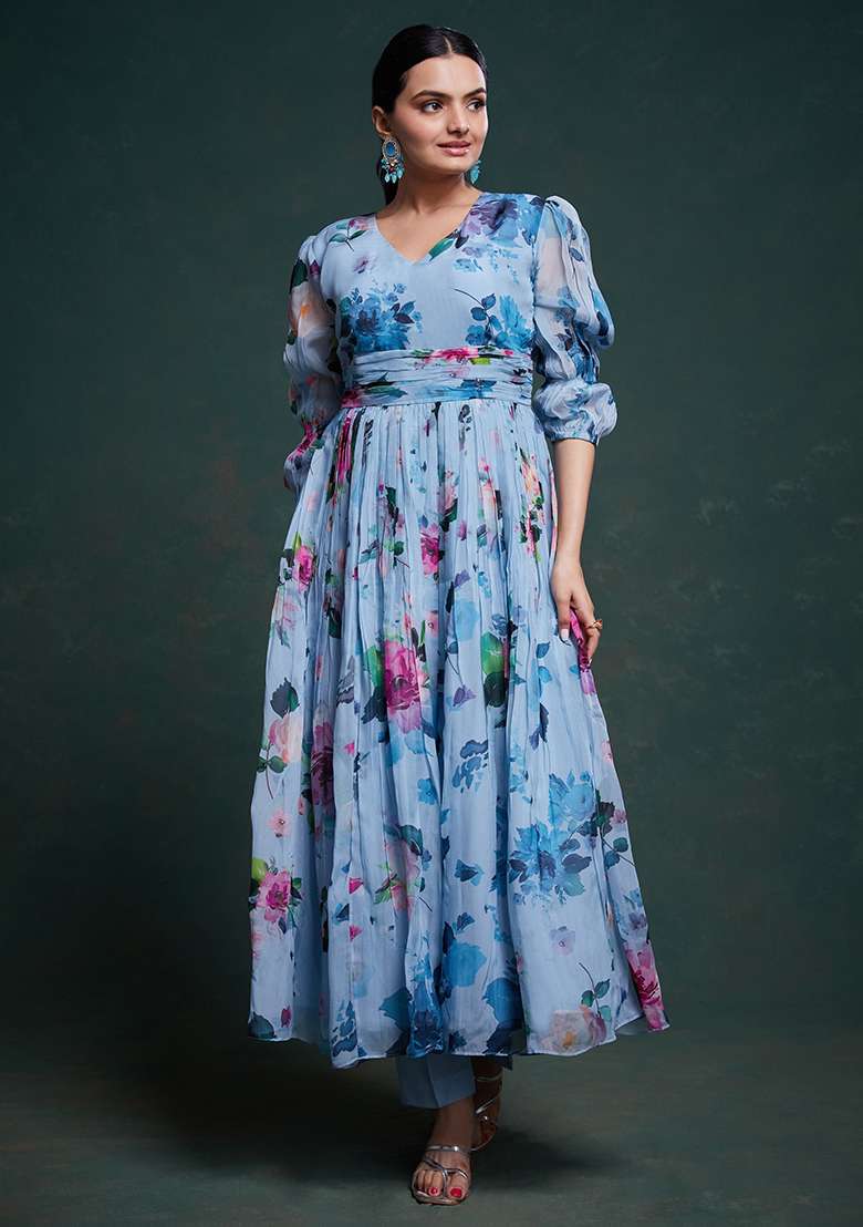 Sky Blue Floral Print Organza Kurta Set - Indya