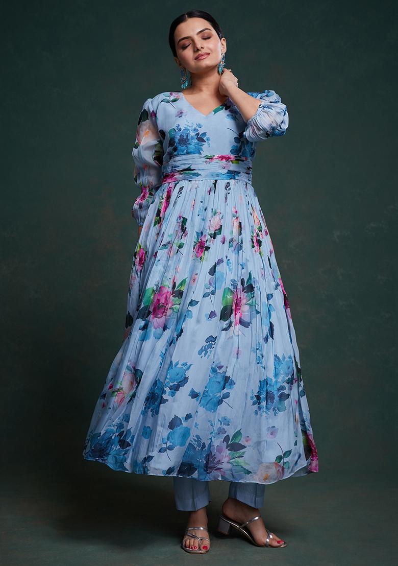 Sky Blue Floral Print Organza Kurta Set