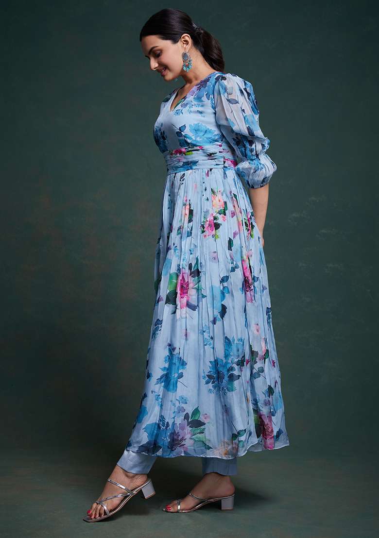 Sky Blue Floral Print Organza Kurta Set - Indya