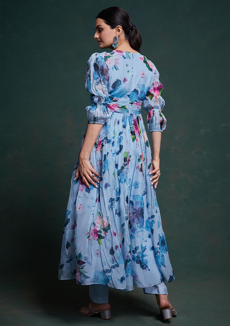 Sky Blue Floral Print Organza Kurta Set
