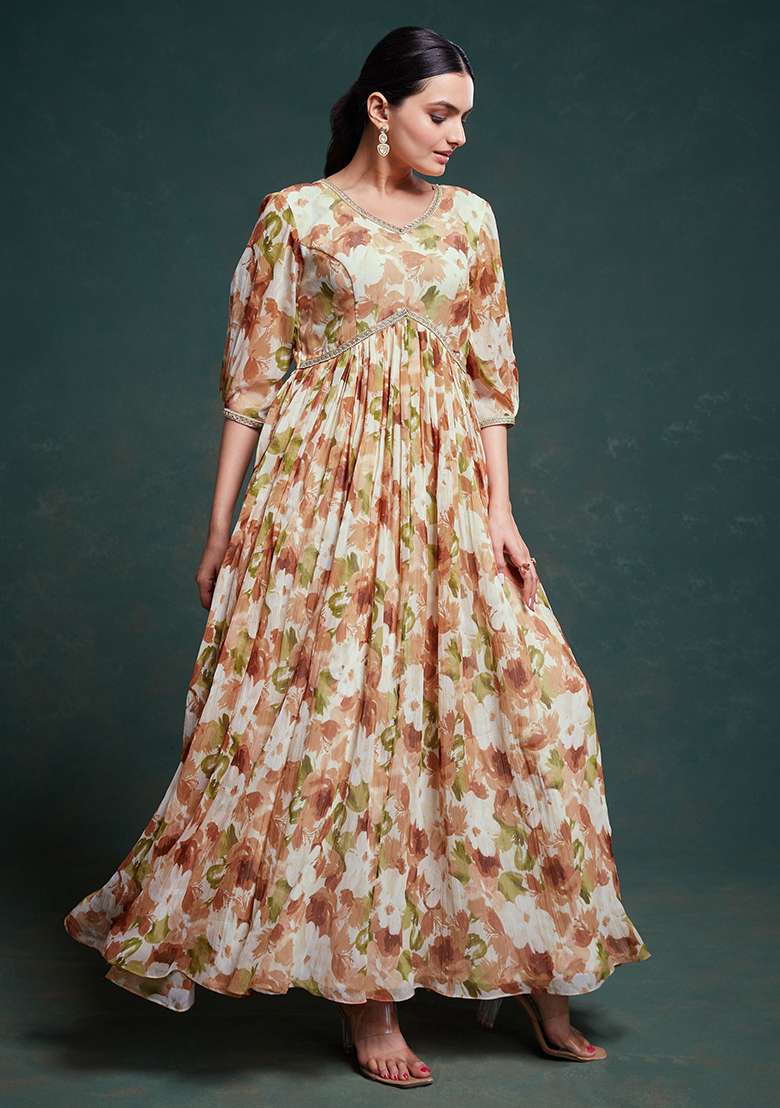 Multicolour Floral Print Georgette Anarkali With Dupatta - Indya