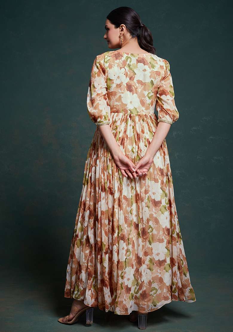Multicolour Floral Print Georgette Anarkali With Dupatta - Indya