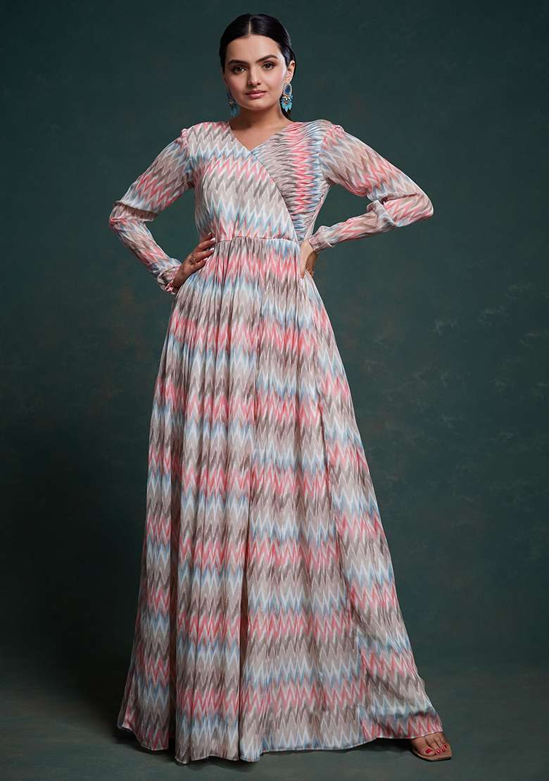 Multicolour Printed Georgette Anarkali With Dupatta - Indya