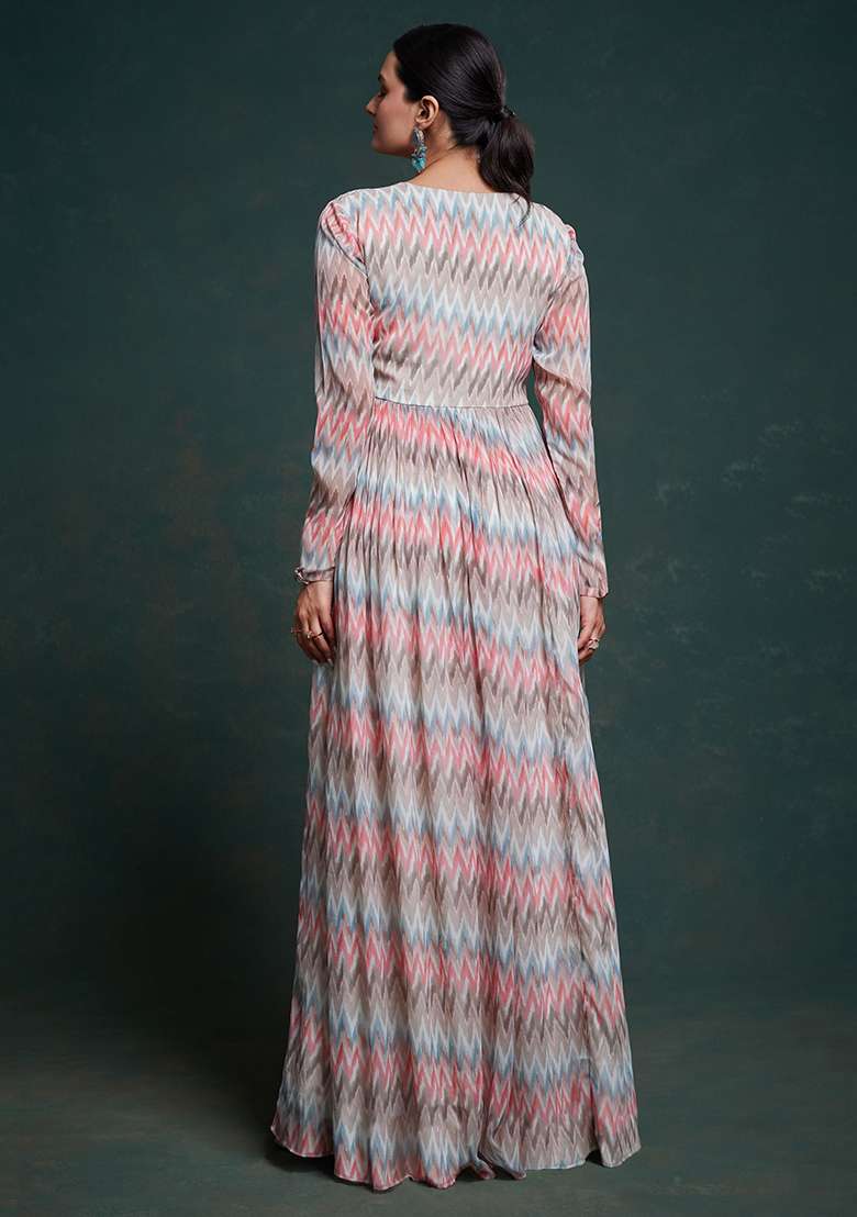 Multicolour Printed Georgette Anarkali With Dupatta - Indya