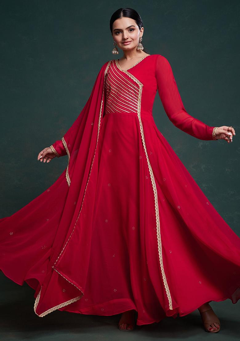 Red Lace Work Georgette Anarkali Set