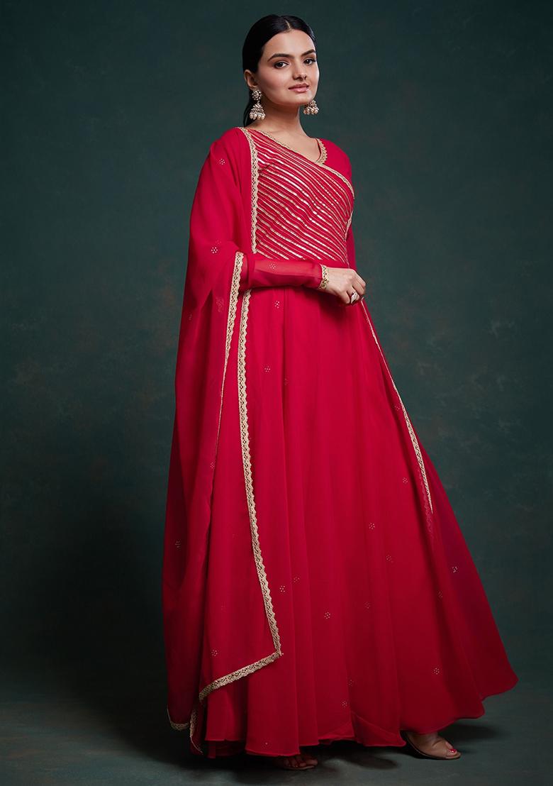 Red Lace Work Georgette Anarkali Set