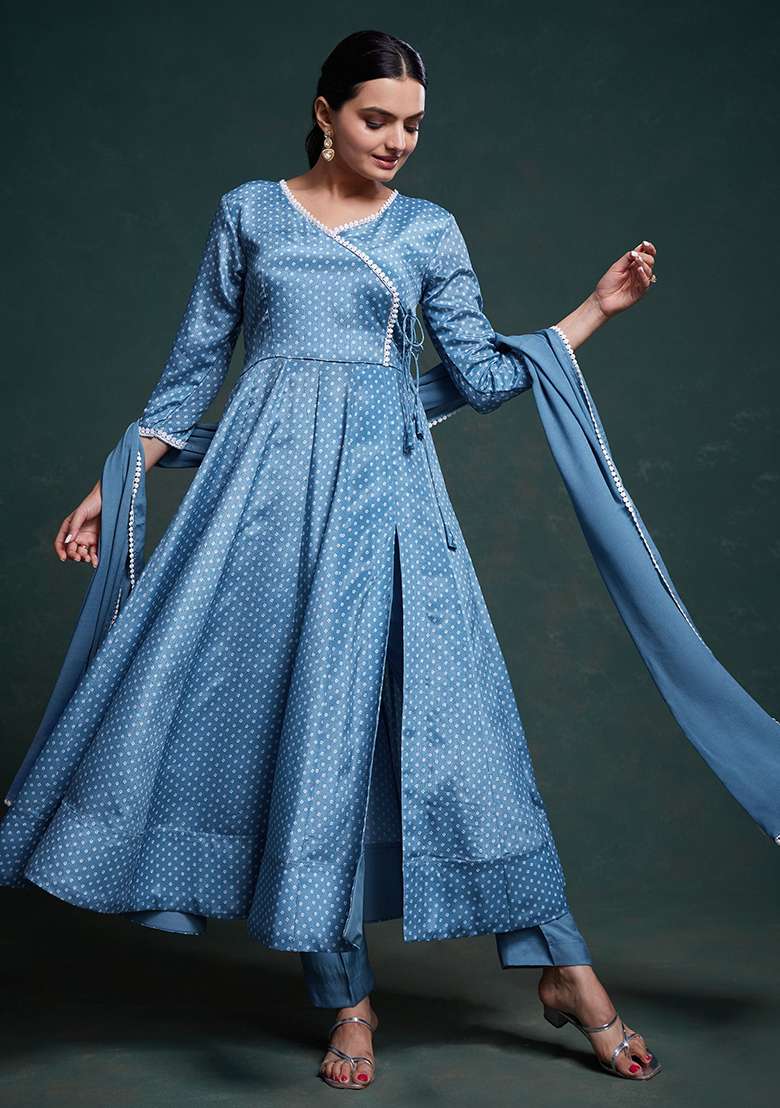 Blue Printed Chinon Kurta Set - Indya