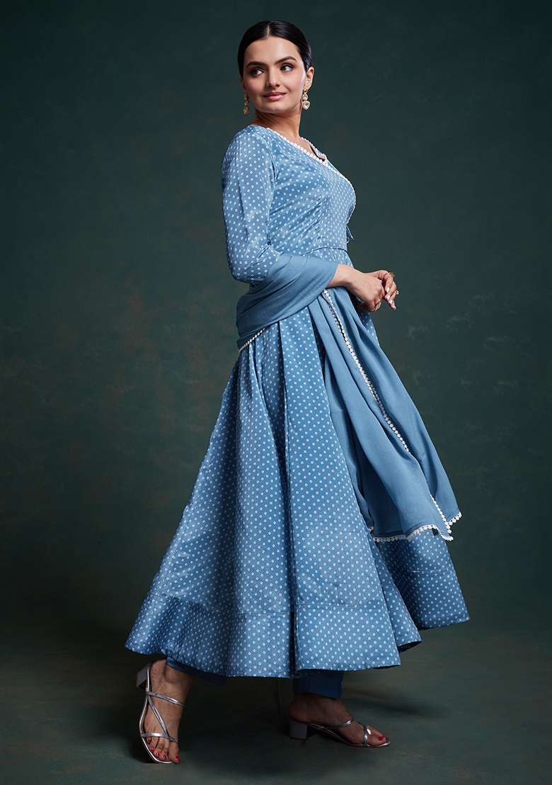 Blue Printed Chinon Kurta Set - Indya