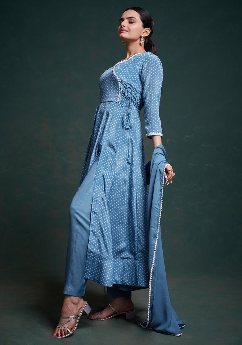 Blue Printed Chinon Kurta Set