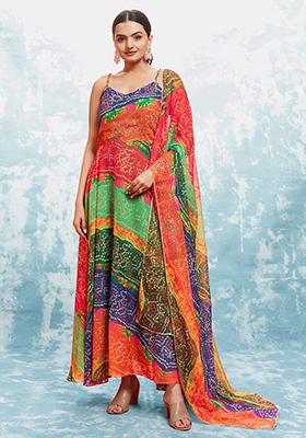 Multicolour Bandhani Print Georgette Anarkali Set
