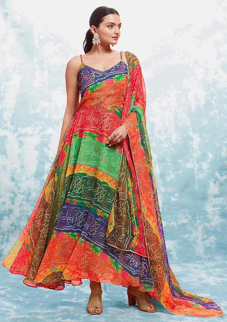 Multicolour Bandhani Print Georgette Anarkali Set