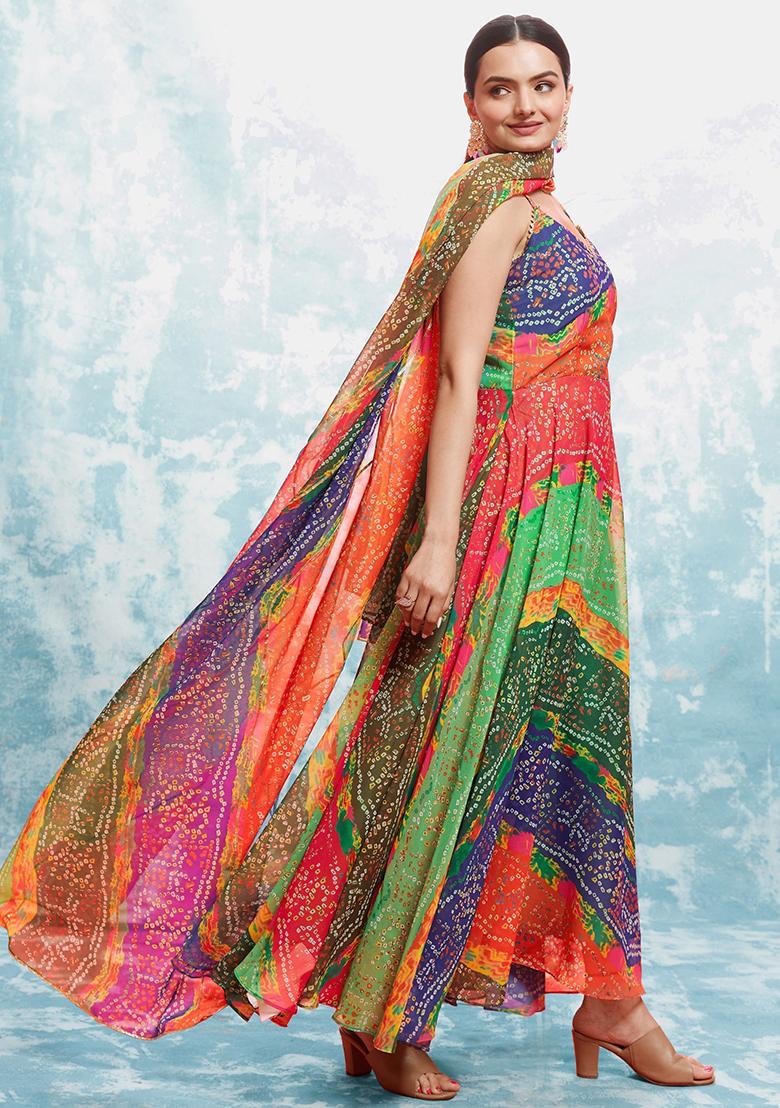 Multicolour Bandhani Print Georgette Anarkali Set