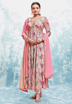 Pink Floral Print Georgette Kurta Set