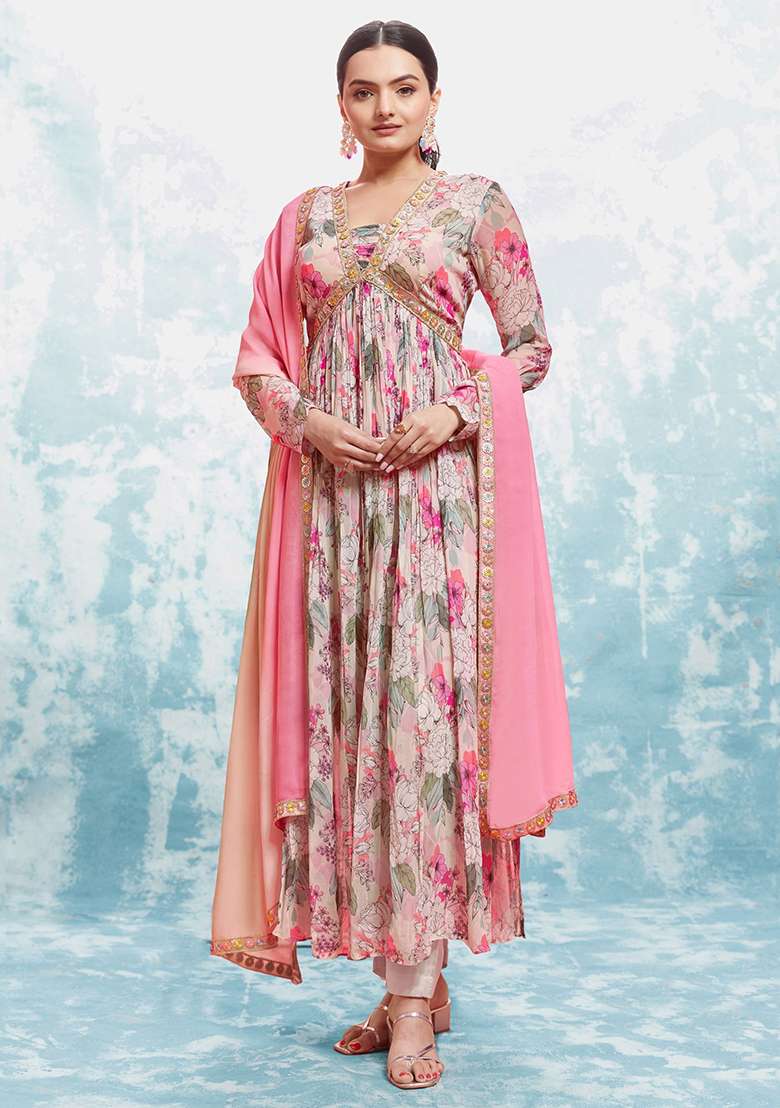 Pink Floral Print Georgette Kurta Set - Indya