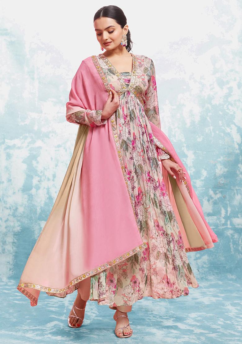 Pink Floral Print Georgette Kurta Set