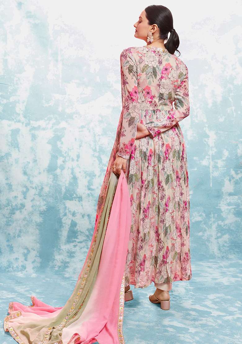 Pink Floral Print Georgette Kurta Set - Indya