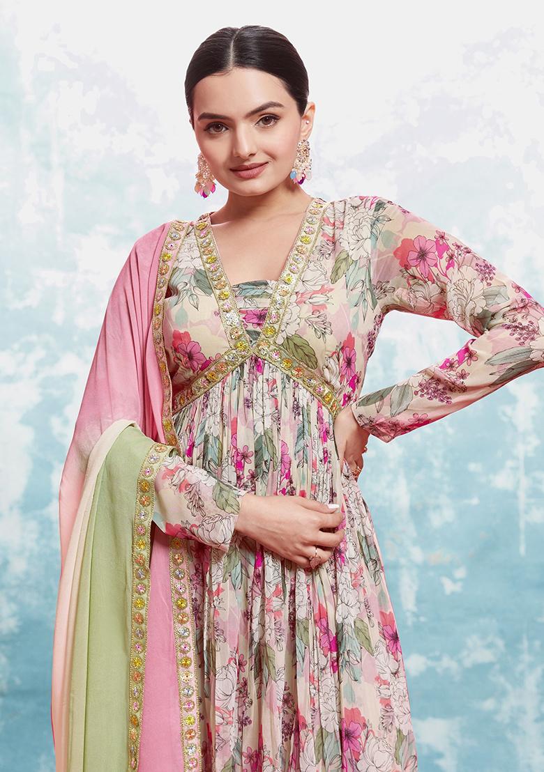 Pink Floral Print Georgette Kurta Set