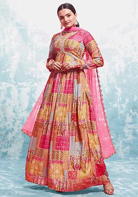 Multicolour Digital Print Silk Anarkali Set
