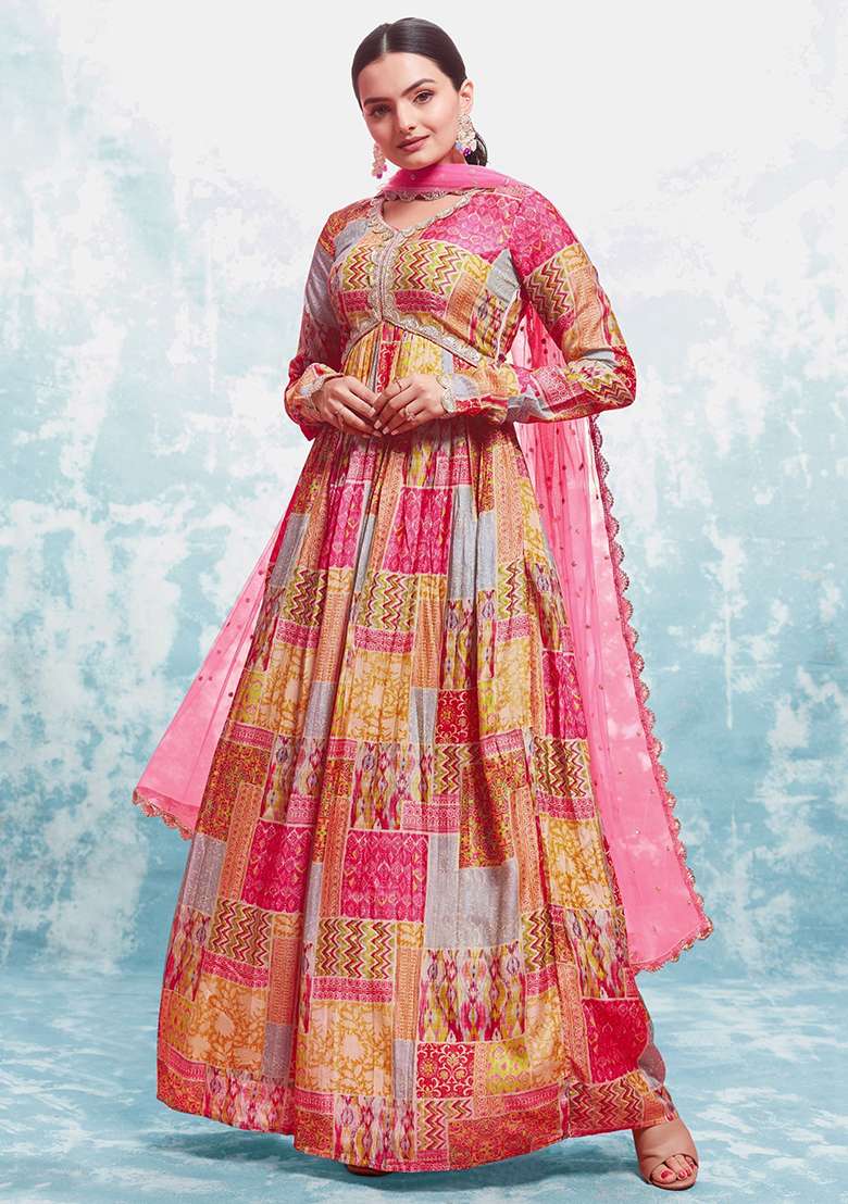 Multicolour Digital Print Silk Blend Anarkali With Dupatta - Indya