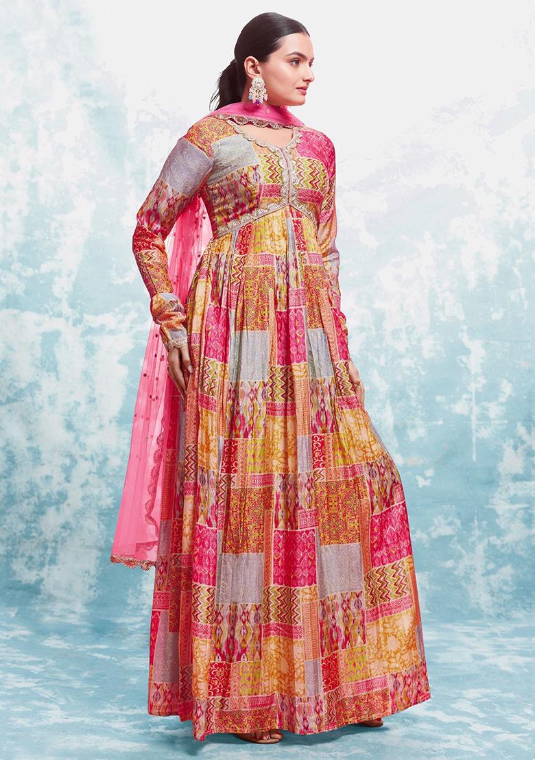 Multicolour Digital Print Silk Anarkali Set