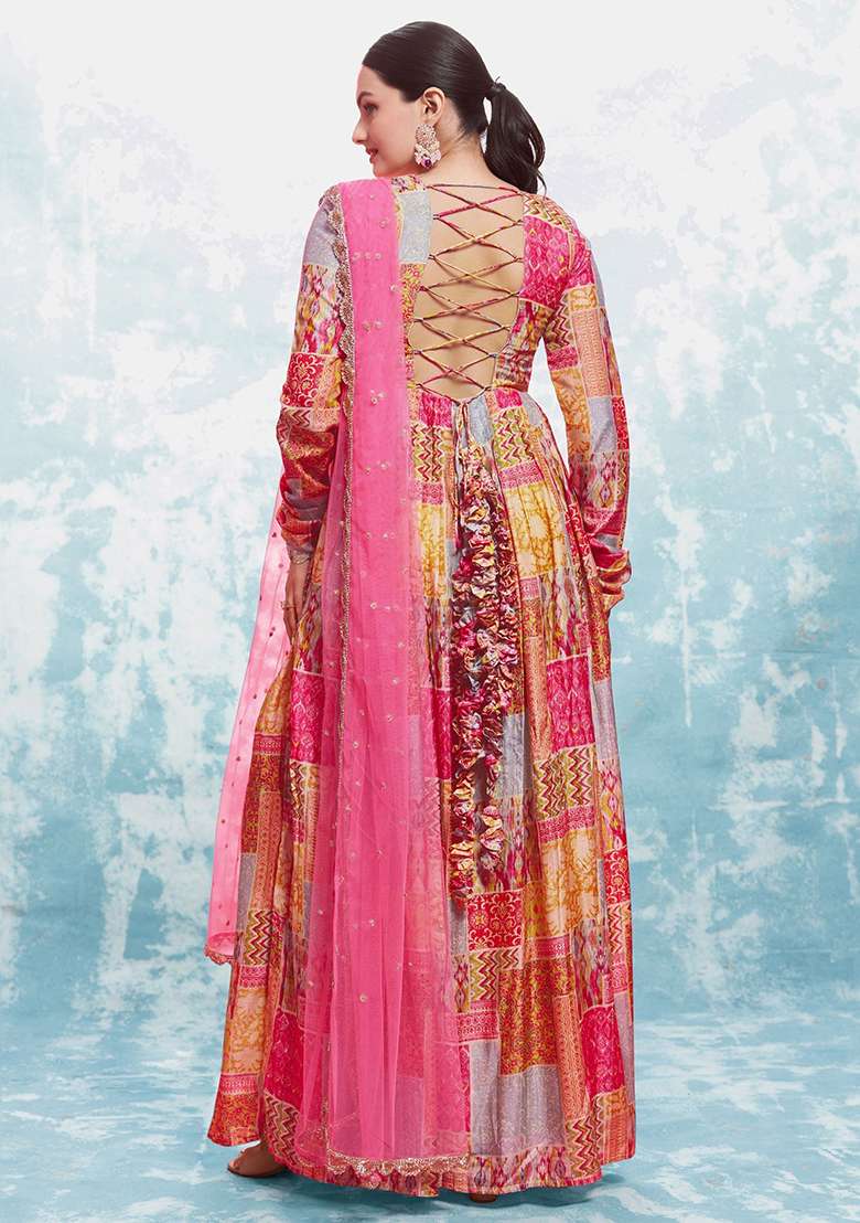 Multicolour Digital Print Silk Blend Anarkali With Dupatta - Indya