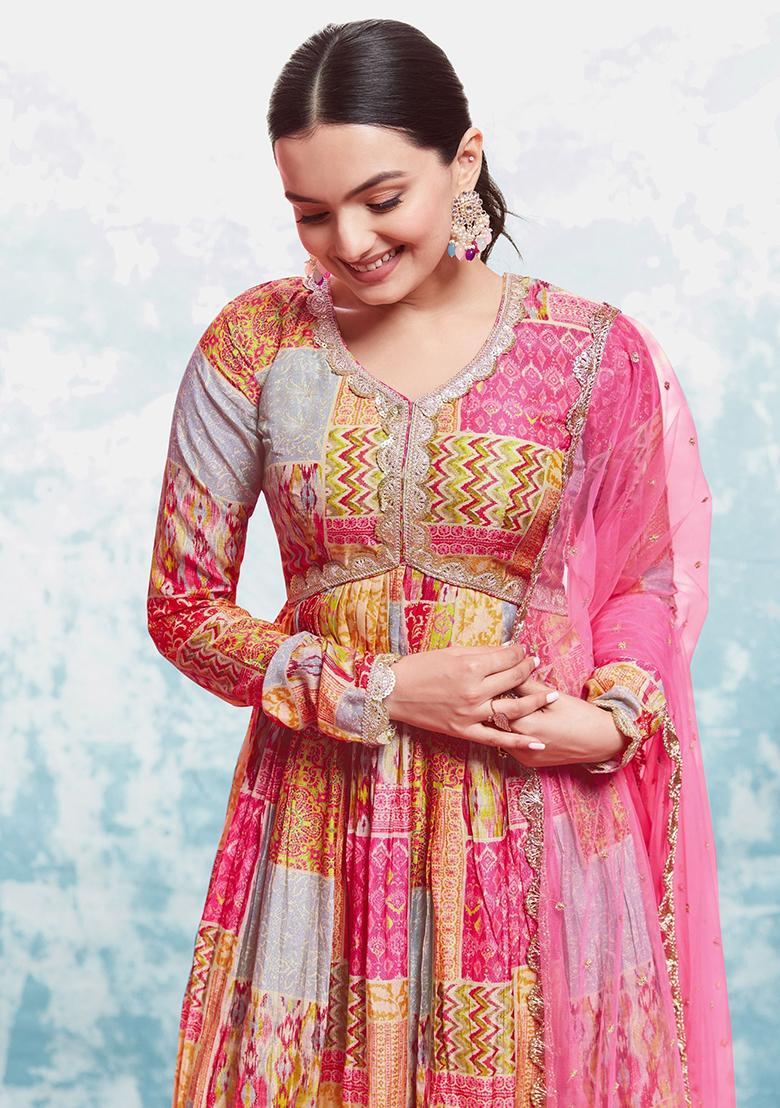Multicolour Digital Print Silk Anarkali Set